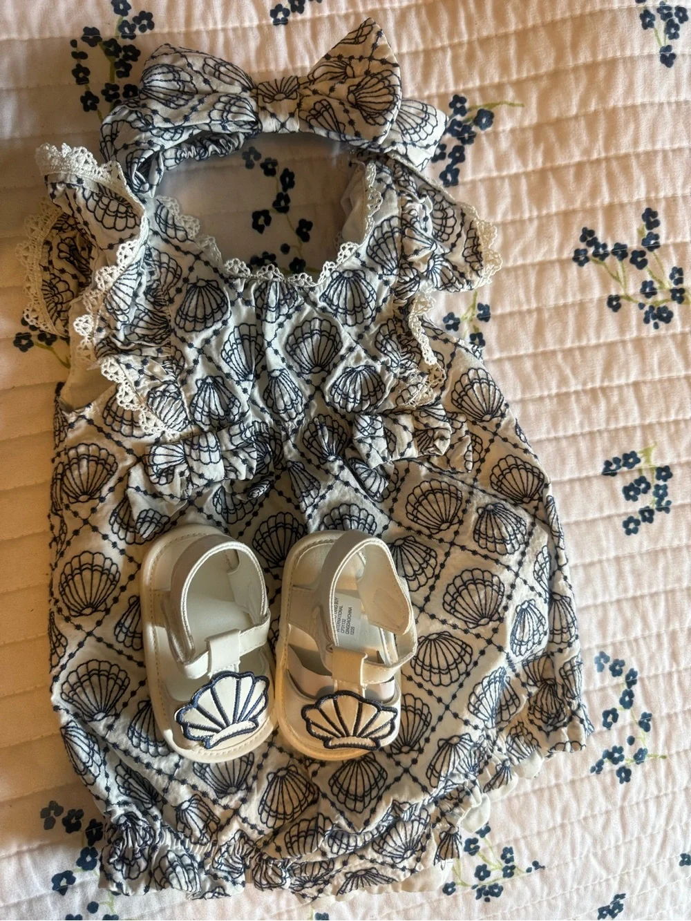 Rachel Zoe Ivory Baby Romper with Navy Shell Embroidery & Headband